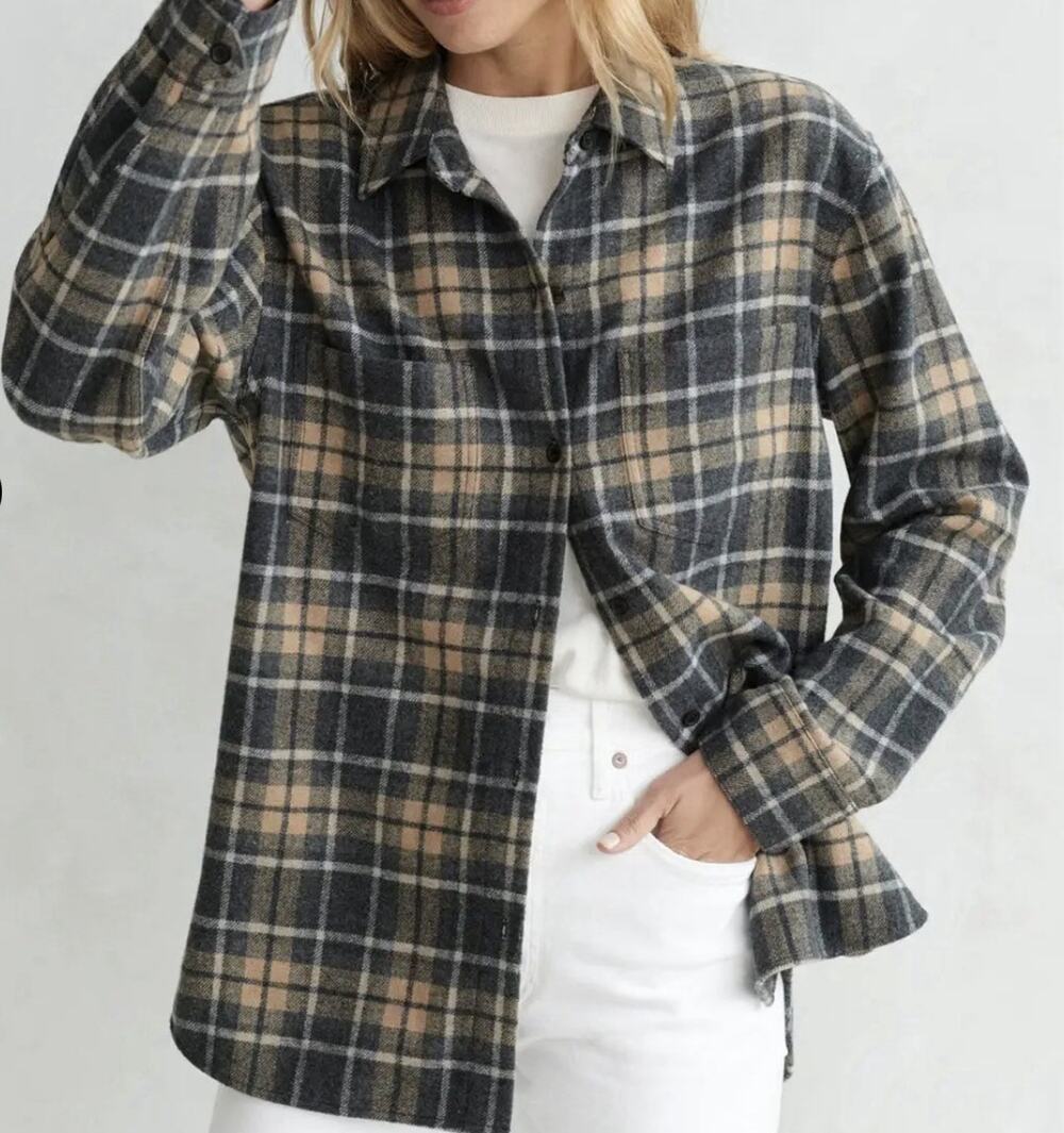 Jenni Kayne O'Keefe Flannel Shirt Size XL Gray Plaid Wool Blend Button Shacket